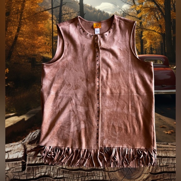 Ruby Rd Suede Fringe Studded tunic Women Brown Faux Open Front Western Regular L - Picture 6 of 16